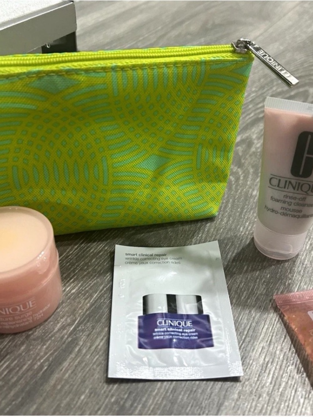 Clinique Skincare Trio with Neon Green Patterned Pouch and Pink Jar